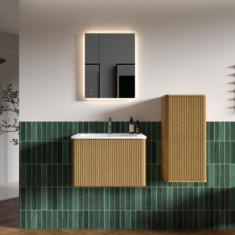Hannemarie 24" Pre-Assembled Wall Mounted Single Bathroom Vanity with Top with Overflow, Natural Oak, 24", Matte White