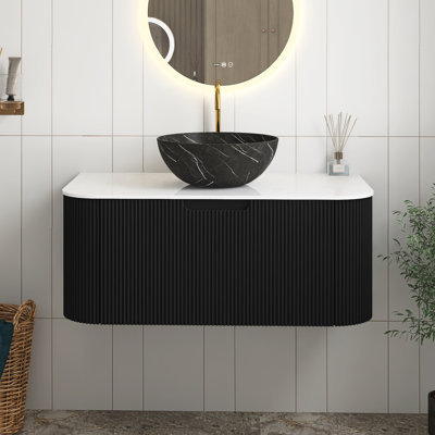 Meuble-lavabo noir 36 po avec lavabo, meuble de rangement mural rayé à bords arrondis avec tiroir, cuve en céramique noire avec motif de pierres, pré-assemblé