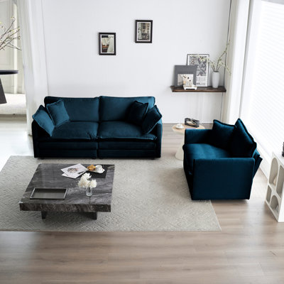 2 And Chair , Blue Chenille, High Sponge Filling, Modern Living Room Essentials Chenille 2 . Wood Frame, Upholstery, Quality Fill. Build A Stylish Area. Easy Installation