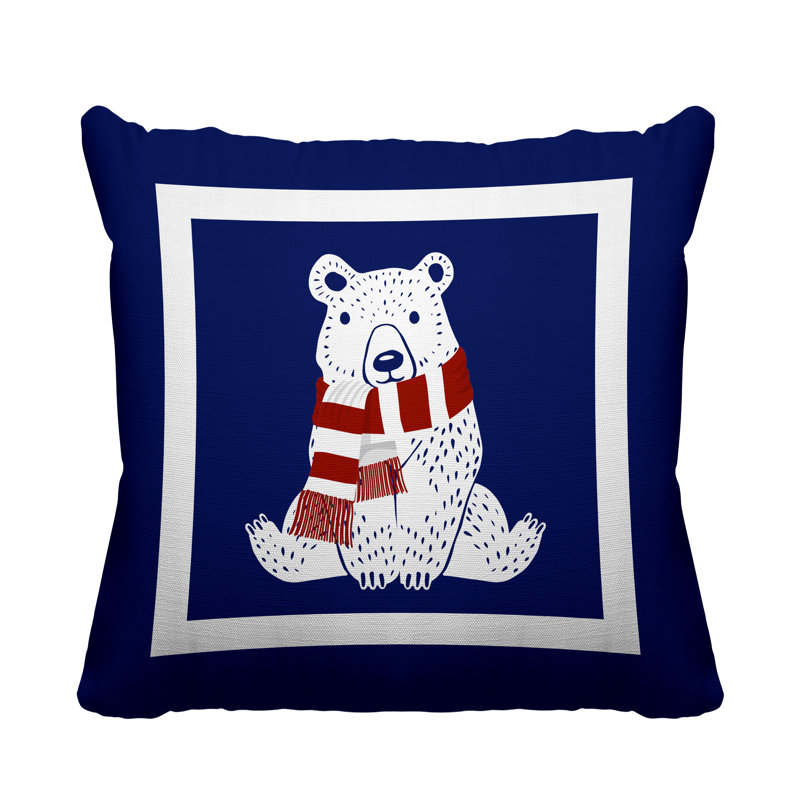 Coussin intérieur / extérieur Folk Christmas Bear, L 17 po x H 17 po, Bleu marine