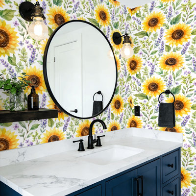 Peel and Stick Wallpaper Watercolor flowers sunflower summer sunflowers Wall Mural 17.7"W x 118"H Self Adhesive Removable Wall Paper Renter Friendly Wallpaper for Nursery Bedroom Cabinets