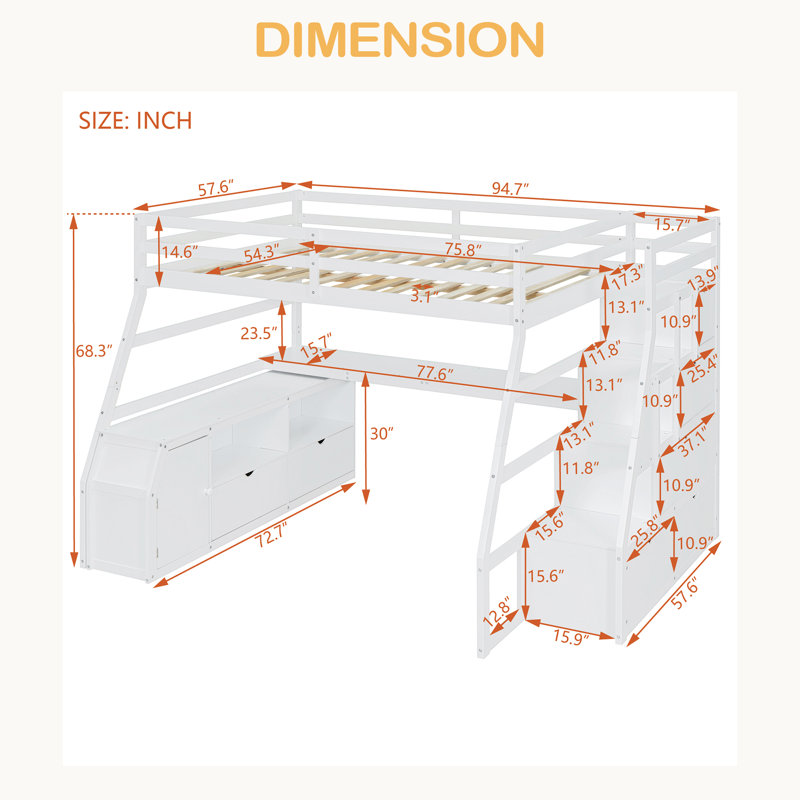 Lit mezzanine double avec 7 tiroirs, 2 tablettes et un bureau, Blanc