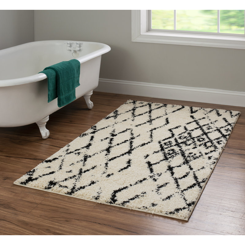 Tapis ivoire / noir à poils longs Kerens, Rectangle 3 pi x 5 pi