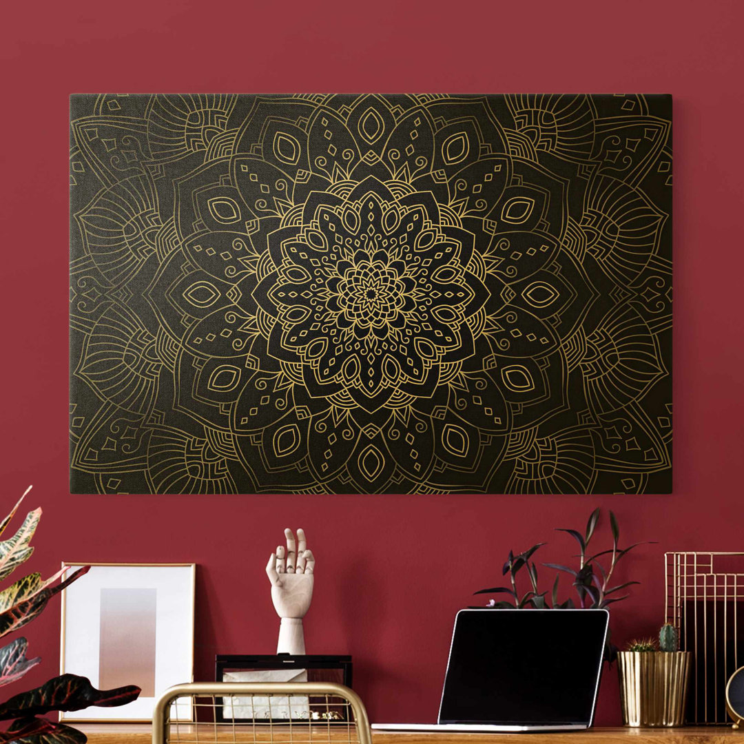 Leinwandbild Mandala Blütenmuster in Silber & Schwarz