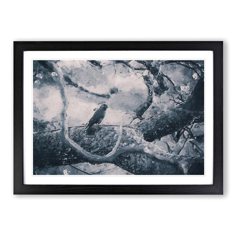 Bird on the Tree in Abstract - Picture Frame Graphic Art Print, 48cm H x 65cm W x 2cm D, Black Framed