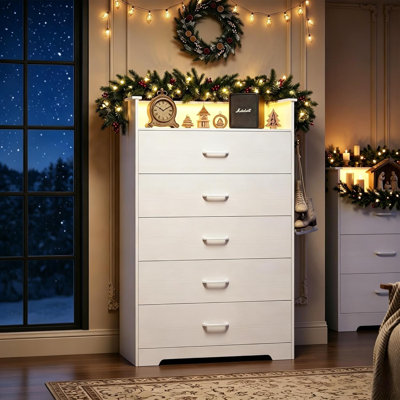 5 Drawer Dresser for Bedroom - 51” Tall Vertical Chest of Drawers with LED Light and Charging Station, Modern Organizer Cabinet with Open Shelf for Living Room, Entryway, Hallway