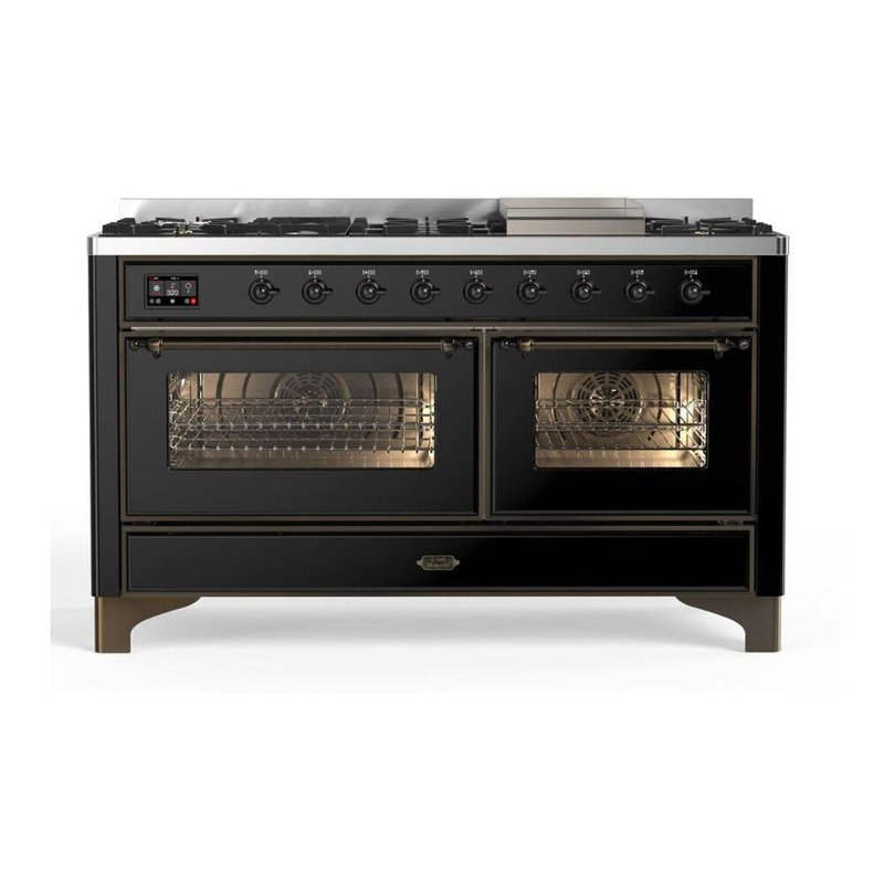 ILVE Majestic II Series 60 inch Dual Fuel Range with 9 Burners, Griddle (Glass Door), Burgundy/Copper, Natural Gas