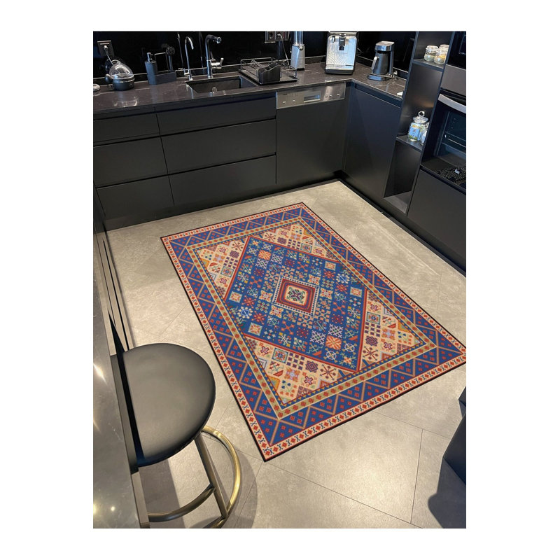 Tapis décoratif décoratif bleu à motif géométrique lavable à la machine, Sous-tapis carré 3 pi 3 po inclus