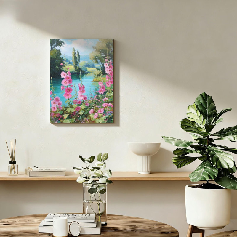 16 po x 24 po, roses trémières, paysage naturel enchanteur, peinture à l'huile, fleurs en fleurs, cadre en bois massif, support, art mural, bleu, rose