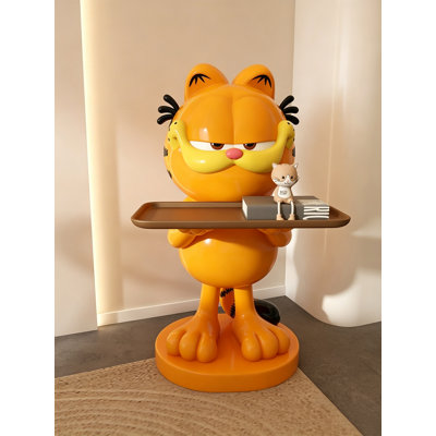 Playful Cartoon Style Resin Side Table, Glossy Garfield Figurine Floor Tray End Table For Living Room Sofa Corner Decor