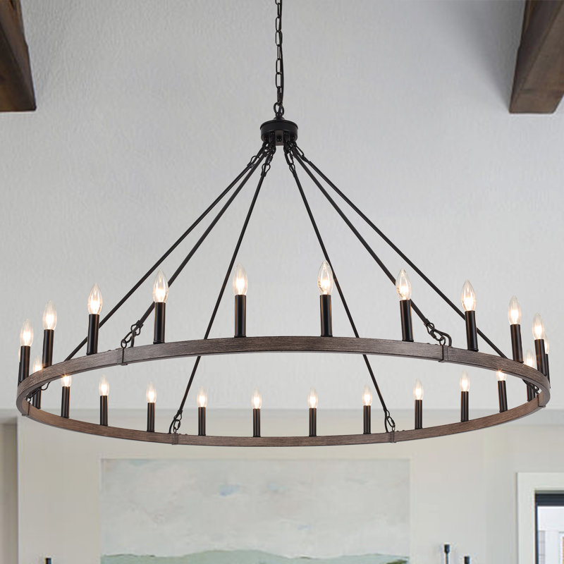 Yeraldine 24 - Light Lagre Dimmable Wagon Wheel Chandelier Farmhouse Round Vintage Candle Style Light for Living Room, Foyer, Entryway