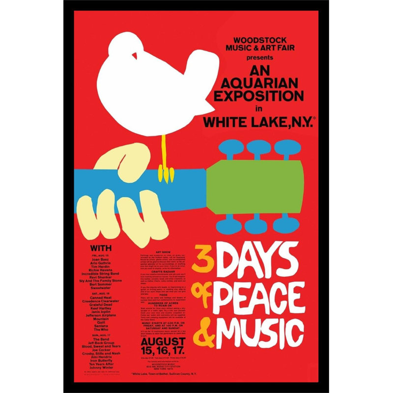 «Woodstock Music and Art Fair August 1970 Lin up», impression encadrée