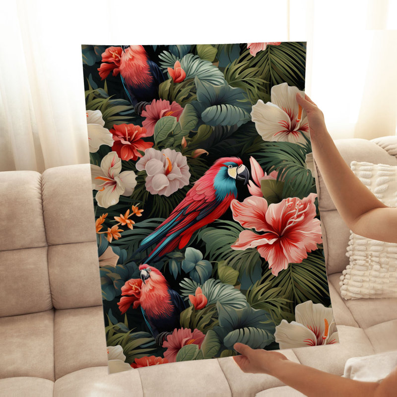 Motif floral perroquet tropical sans cadre, H 7 po x l 5 po