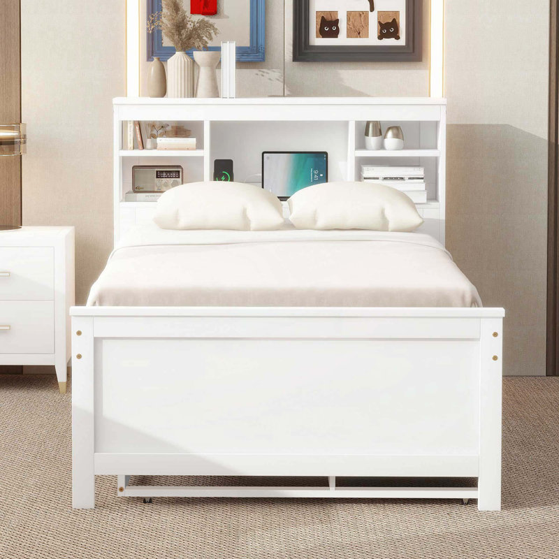 Platform Bed with Storage Headboard, Twins, White