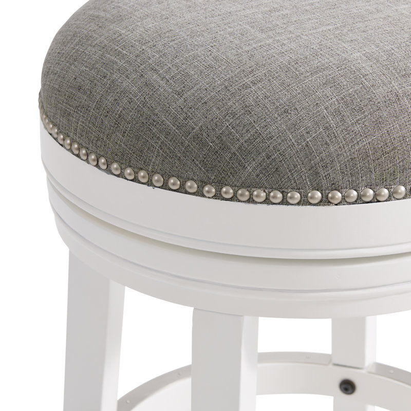 Clara Swivel Counter Height Stool, White - 360-Degree Swivel, Silver Satin Nailhead Accents, Solid Rubberwood, Backless Design, Built-In Metal-Plated Footrest, Kitchen Island, Bistro Table