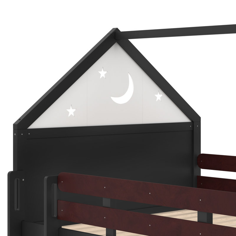 Kids Full Solid Wood Loft Bed with Bookshelves and Slide, Full, Black