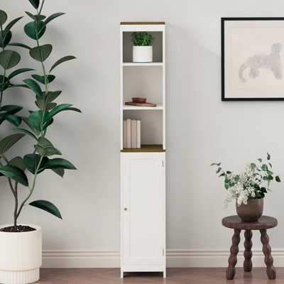 Tall Bathroom Storage Cabinet With Reversible Door, Freestanding Linen Tower, Open Shelves, And Enclosed Cabinet For Small Spaces