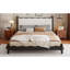 Grand lit plateforme en bois avec tête de lit tapissier, structure noire et tissu beige-133332700