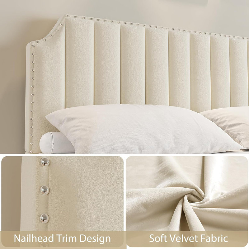 Très grande base de lit en velours pour très grand lit / très grand lit, tête de lit et pied de lit de 50,2 po de hauteur, lit plateforme très grand avec garniture cloutée