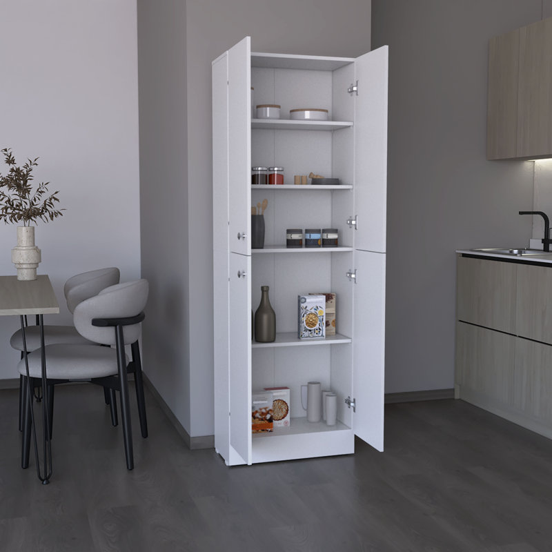 Kitchen Pantry 71" H, 4 Doors, 5 Adjustable Shelves, Laundry, White