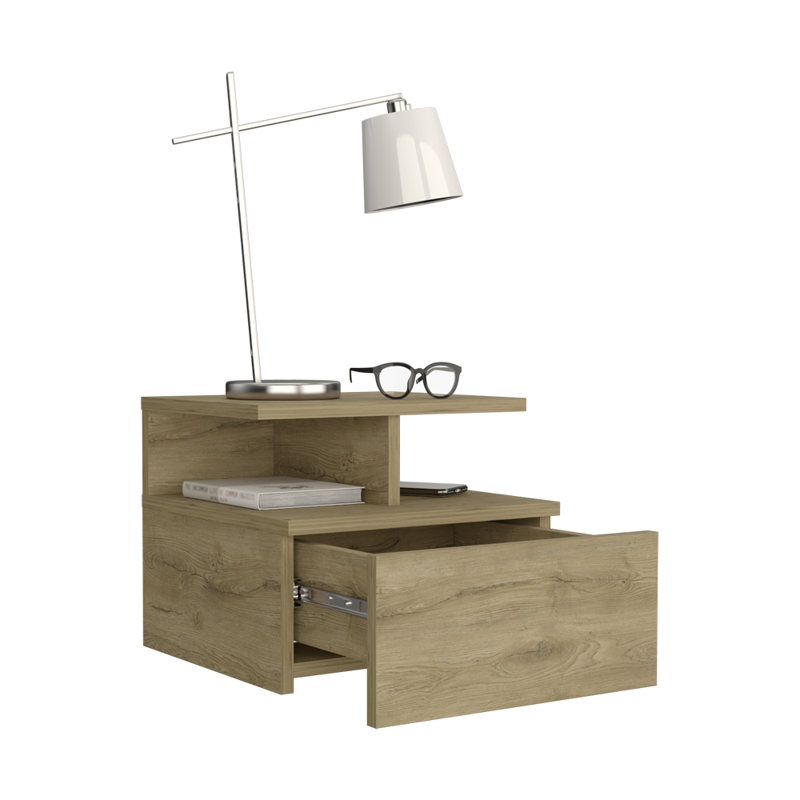 Table de chevet flottante avec tiroir et tablettes de rangement ouvertes, Beige