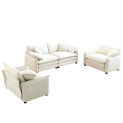 Ensemble de canapé luxueux et sophistiqué avec coussins et coussins moelleux, ensemble de canapé pour les salons et les clubs ainsi que des cinémas maison, composé de deux canapés simples et d'un canapé 2 places en cordur beige