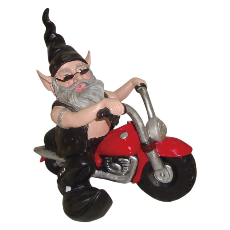 Born-to-Ride Gnome Biker Dude Riding Motorcycle Garden Statue, Red