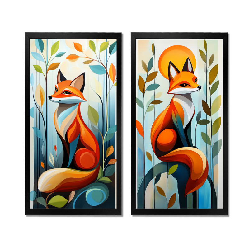 Renard élégant avec feuillage - Grand tableau mural en 2 parties représentant un renard, 40" H x 40" W, Black Picture Framed