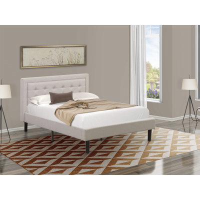 Platform Full Size Bed - Mist Beige Linen Fabric Upholstered Bed Headboard with Button Tufted Trim Design - Black Legs