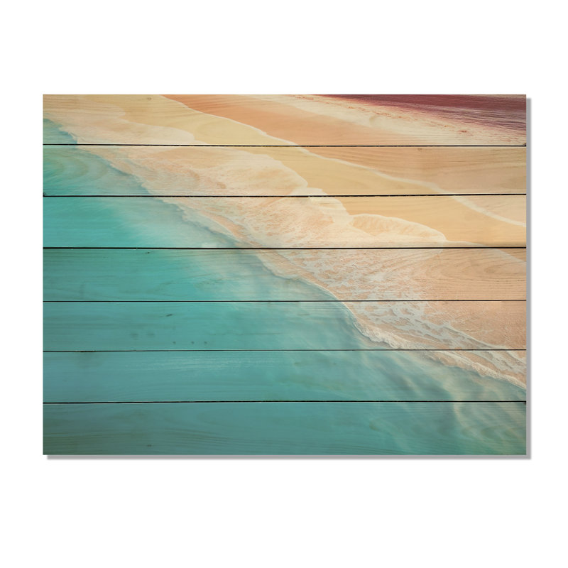 Tropical Beach, vue aérienne des vagues I - plage et océan sur bois, H 24 po x l 32 po