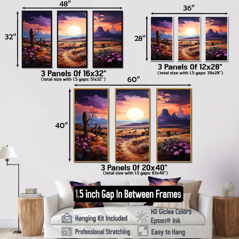 Violet Vista Cactus - ensemble d'art sur toile cactus floral, Cadre flottant blanc, H 32 po x l 48 po x P 1 po