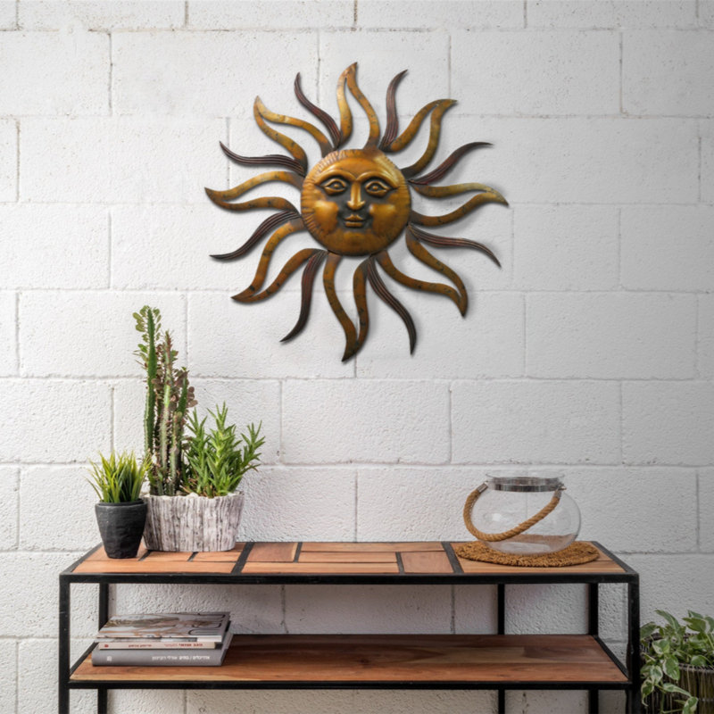  Wall Accent - 35 Inch Sun Face and Sunburst Pattern, Rustic Gold and Antique Black Metal Wall Decor