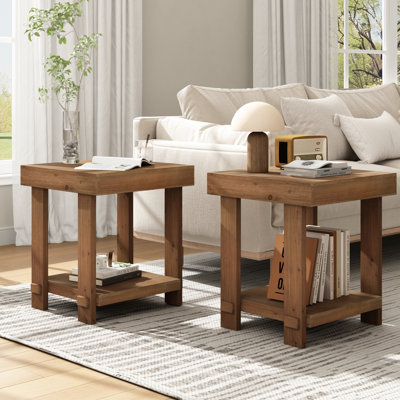 Solid Fir Wood End Table Set of 2 Side Table with 2-Tier Storage