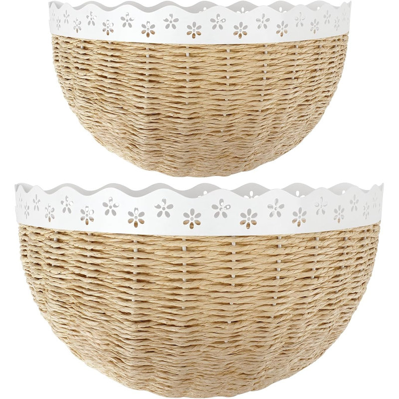 Paniers muraux festonnés, ensemble de 2, style bohème tressé, pour l'entrée, le salon ou la cuisine. Structure robuste en acier pour la maison.