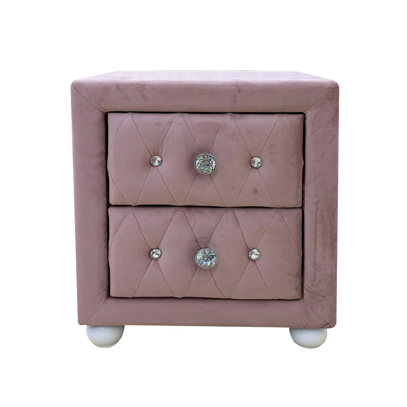Table de chevet rembourrée en tissu avec 2 tiroirs, rose