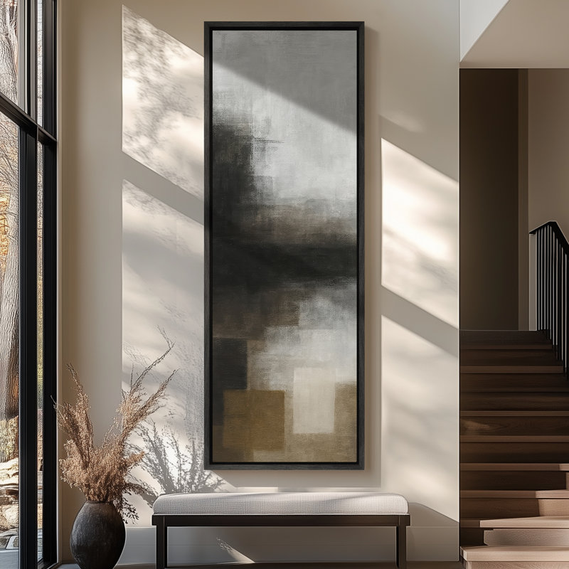 Toile abstraite encadrée, reproduction minimaliste neutre pour décoration murale moderne, H 60 po x l 20 po, Noir