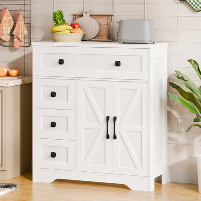 Farmhouse Storage Cabinet With 2 Doors And 4 Drawers, Freestanding Bathroom Storage Cabinet Kitchen Pantry Cabinet, Floor Storage Cabinet Hutch Cupboard For Living Room/Bathroom/Kitchen,