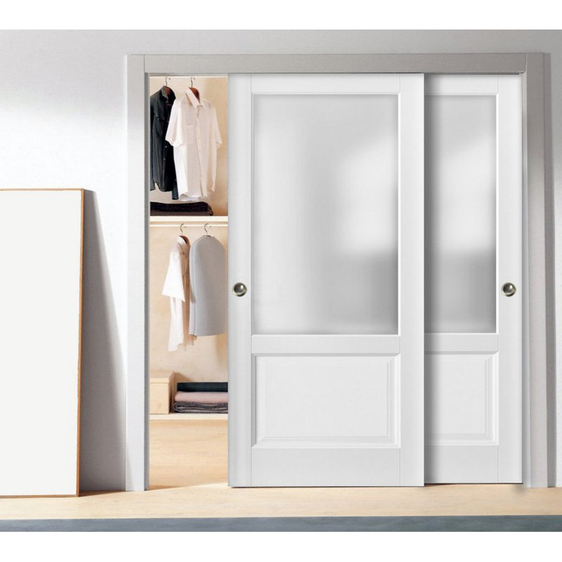 Portes blanches en verre givré Lucia avec trousse de quincaillerie d'installation, 36 po x 96 po