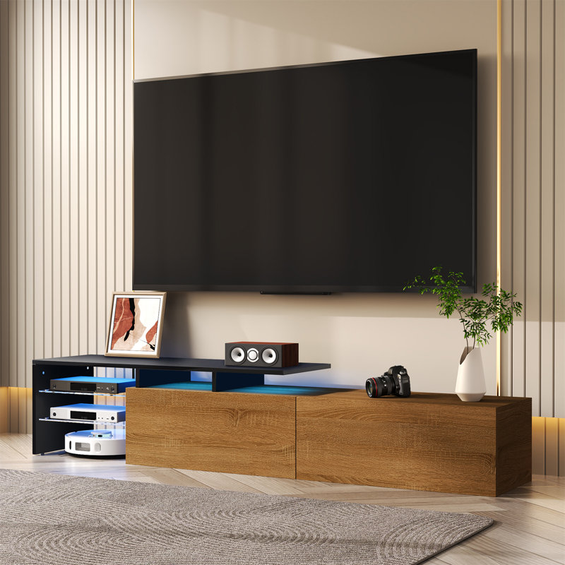 Meuble télé en bois avec tablettes en verre et éclairage DEL pour téléviseur de 65 po ou moins, Brun