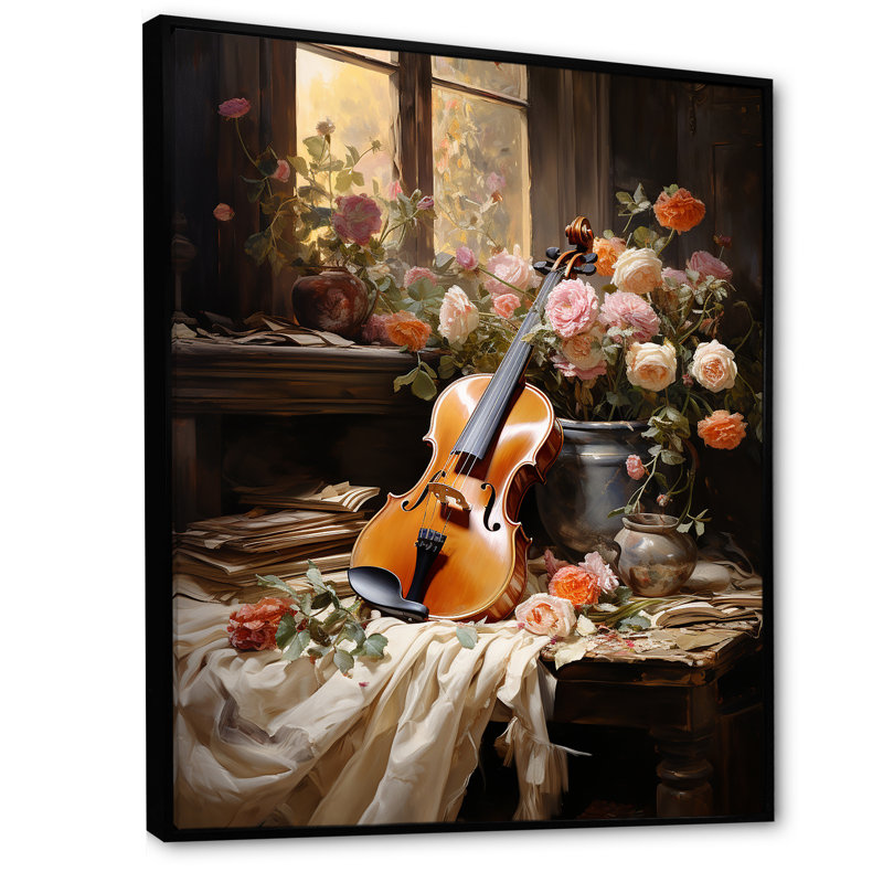 Violon harmonie florale sur toile, Cadre flottant noir, H 32 po x l 16 po x P 1 po