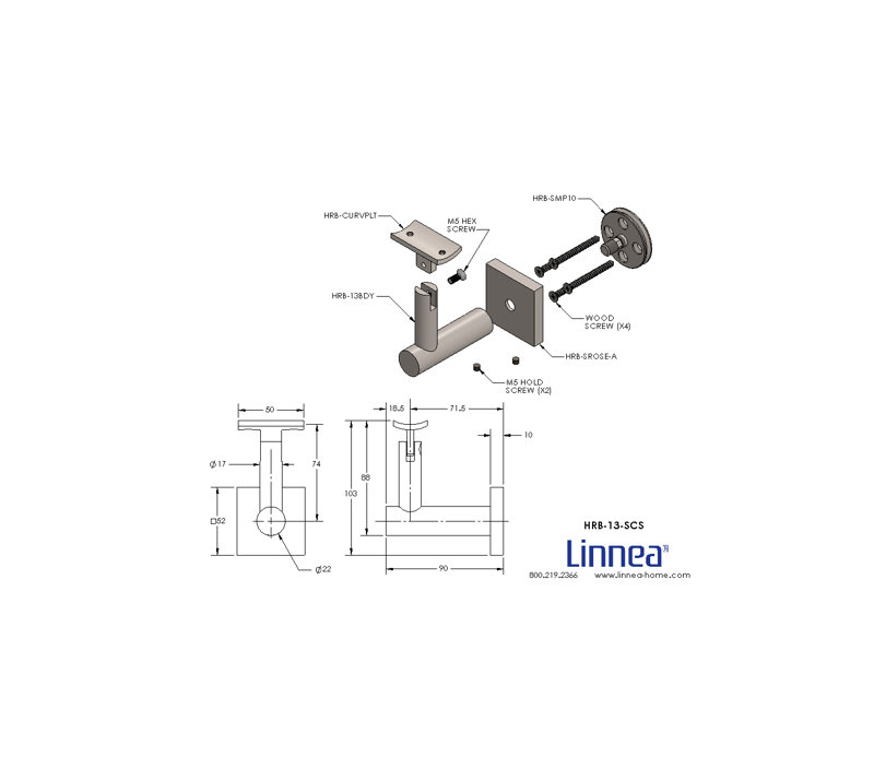 Surface Mount Handrail Bracket with Square Rose and Curved Plate, Satin Stainless Steel