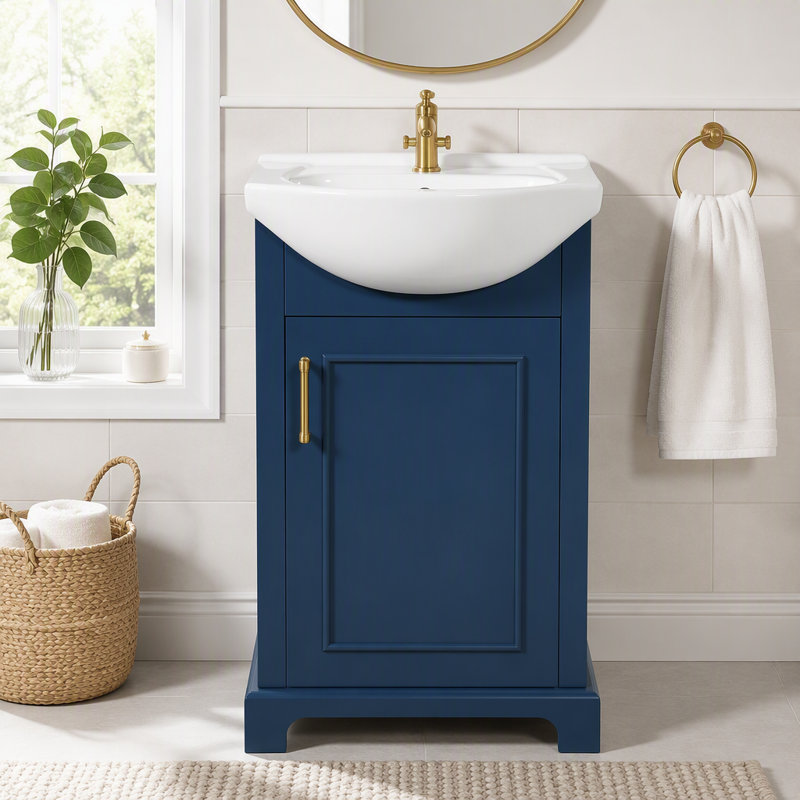 Meuble-lavabo de salle de bain avec lavabo en céramique bombé et porte à fermeture en douceur, Bleu