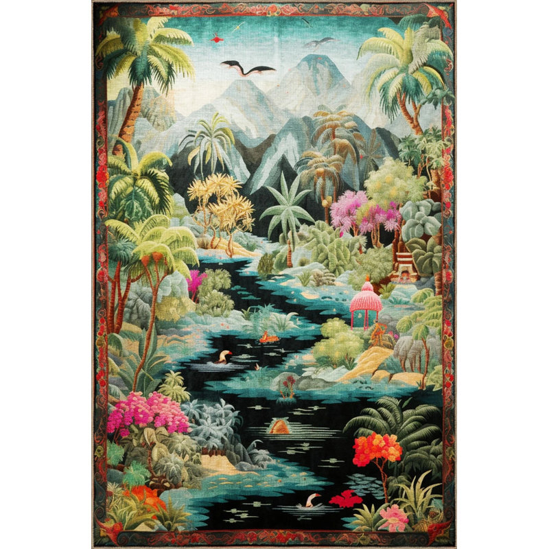 Tapestry Design Multicolored Tropical Forest Patterned Vintage Decorative Rug, Rectangle 3'4" x 5'