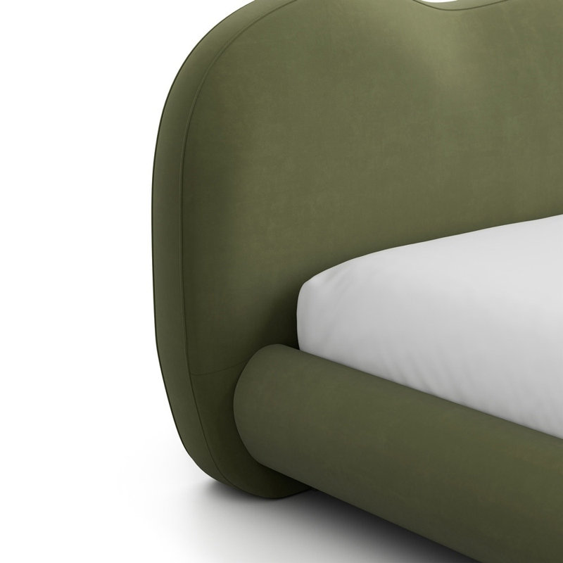 Lit Queen en tissu bouclé vert olive, tête de lit camel, pieds ronds en bois, cadre en hévéa massif et d'ingénierie, cadre de lit moderne et bas pour chambre à coucher