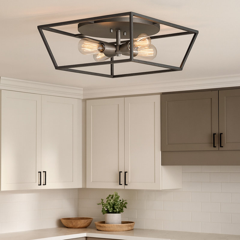 Fulton  Four Light 18" Caged Geometric Flush Mount Light, Aged Zinc