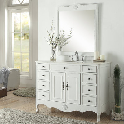 Meuble-lavabo sur pied Benton Collection Fayetteville, style cottage, blanc antique vieilli, 46 pouces, avec miroir, lavabo simple, dessus en marbre, entièrement assemblé.