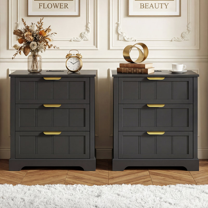 23.6" W 3-Drawer Nightstand with Charging Station and Metal Handle (Set of 2), Black