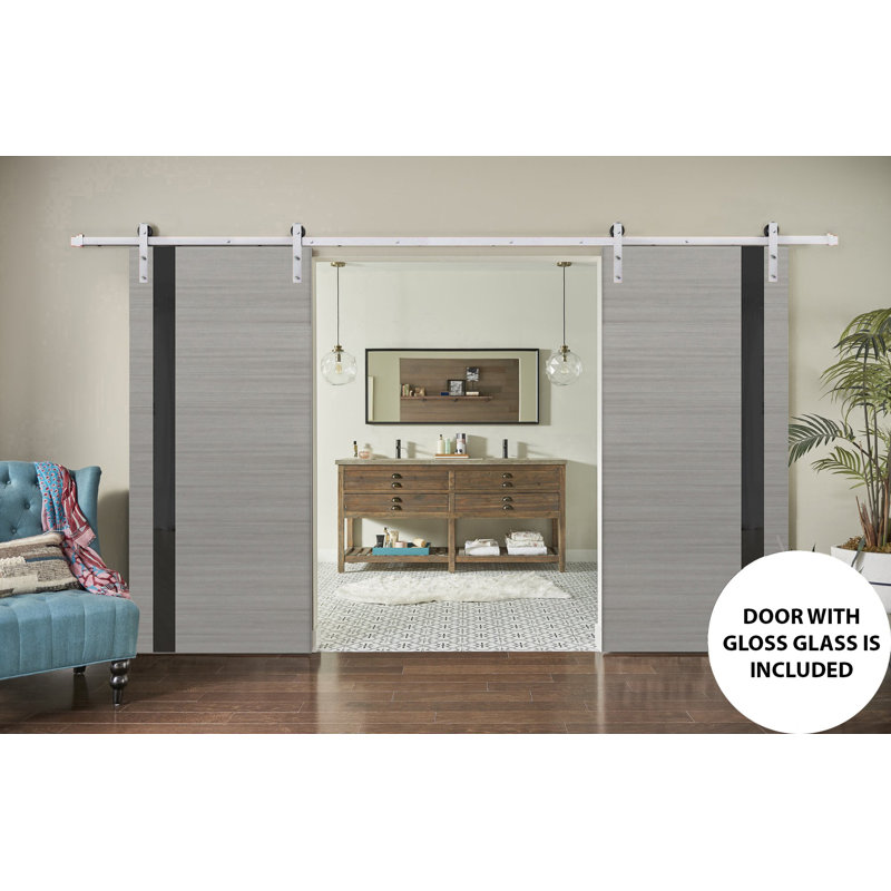 Portes de grange intérieures robustes en bois givré avec ensemble de quincaillerie Planum, 36 po x 80 po, Gris cendré / noir