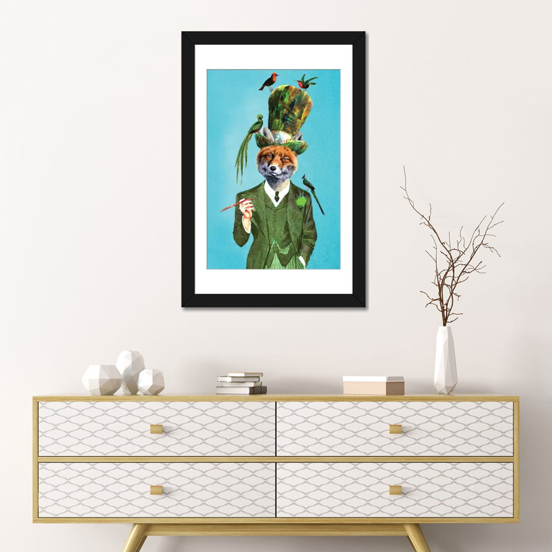 «Fox with Hat and Birds» par Coco de Paris, impression sur toile tendue, Papier d'art encadré noir, Blanc