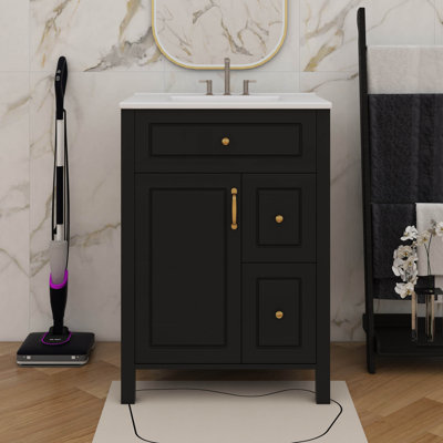 24 Inch Bathroom Vanity Fitted With Ceramic Sink, 1 Soft-Close Door And 2 Soft-Close Drawers